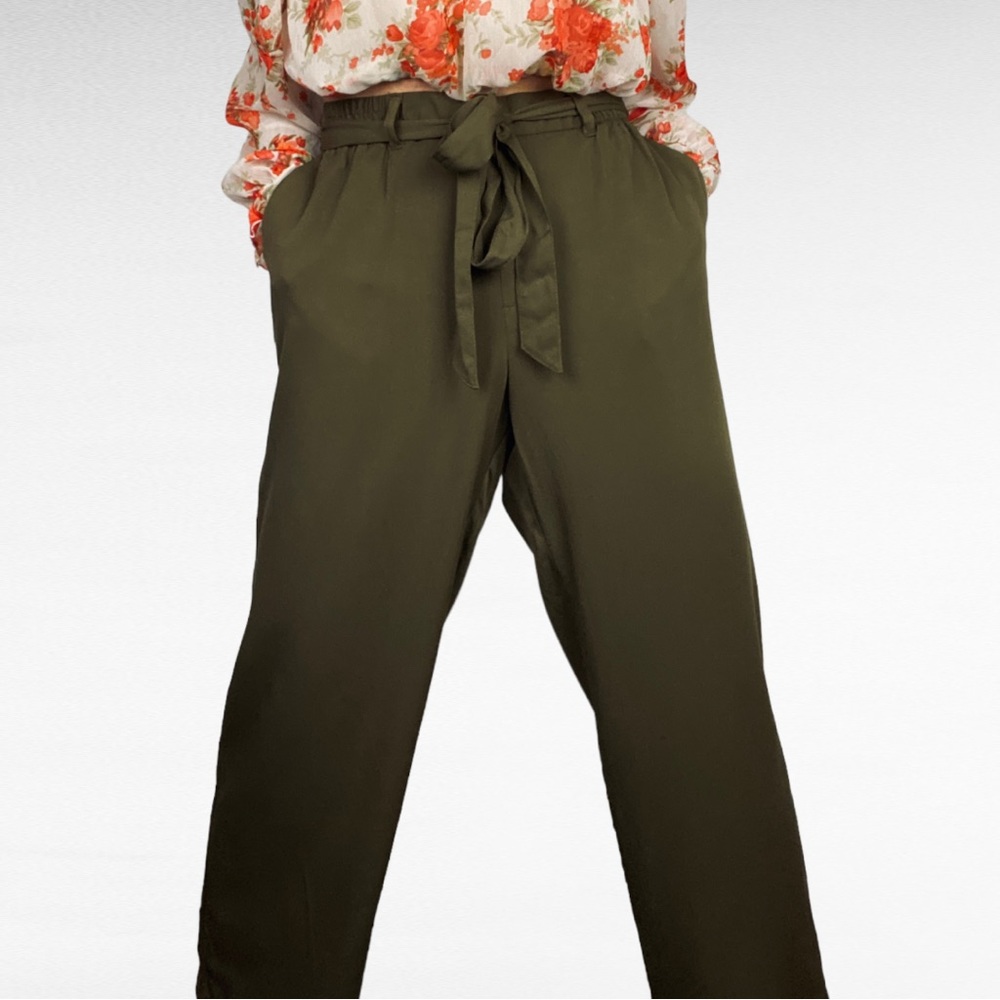 Old Navy | Olive Green Belted High Waist Pants Flowy Wide Leg Trousers w/Pockets